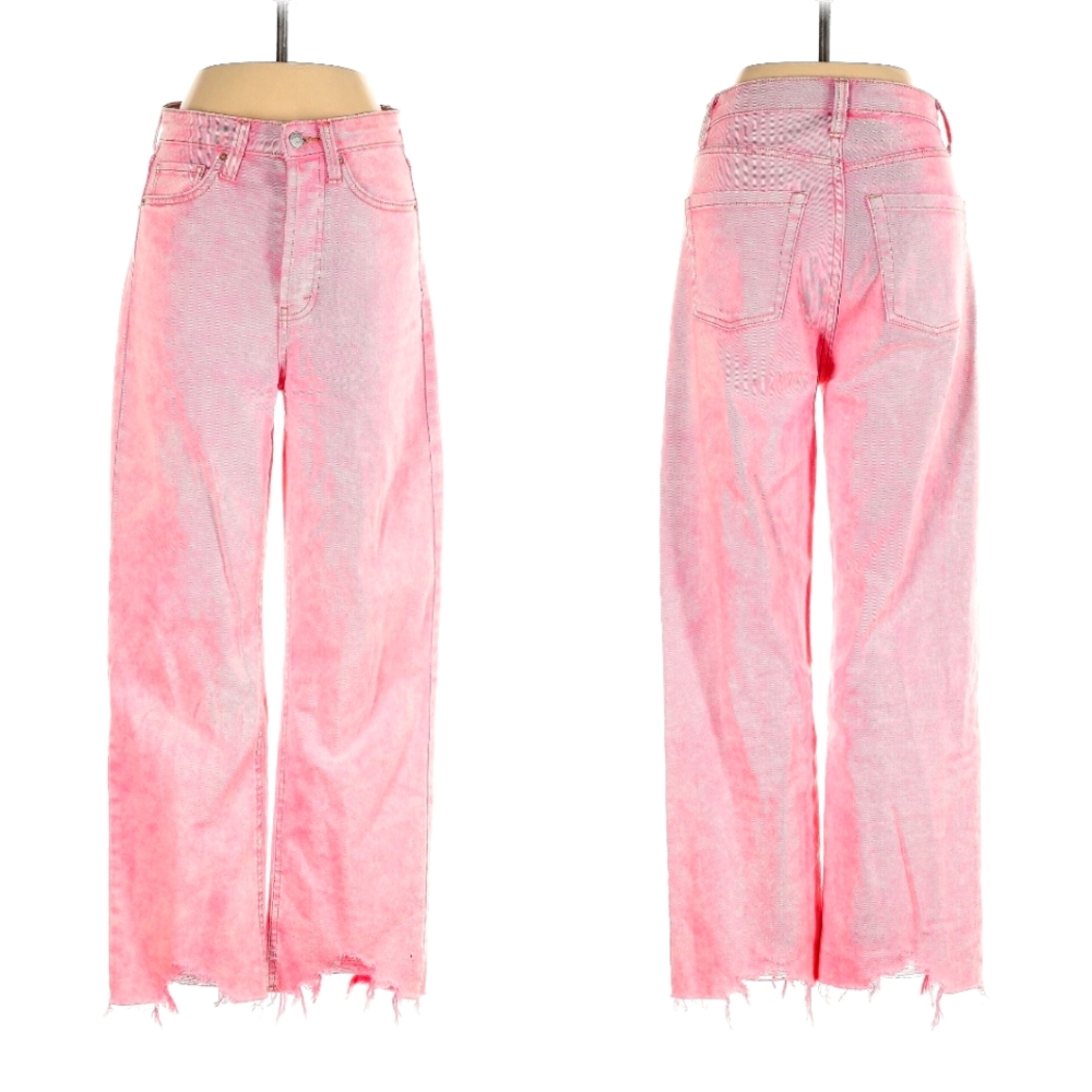 Pastel Pink Cropped Distressed Straight High Rise Jeans